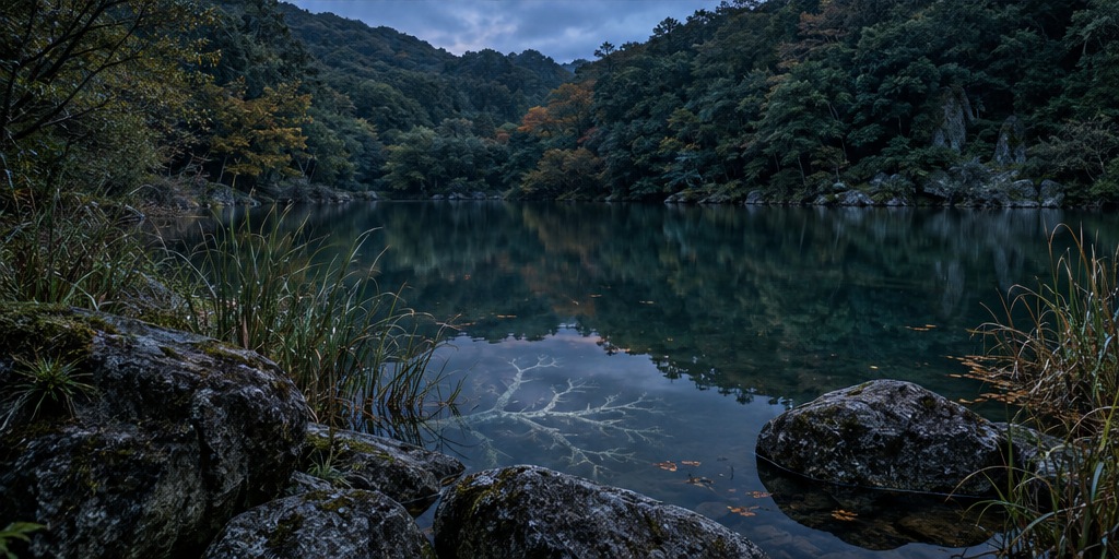 滝頭公園の池と写真の怪談から着想したAIイメージ。原話の心霊写真を再現したものでも、実際の現場写真でもありません。
